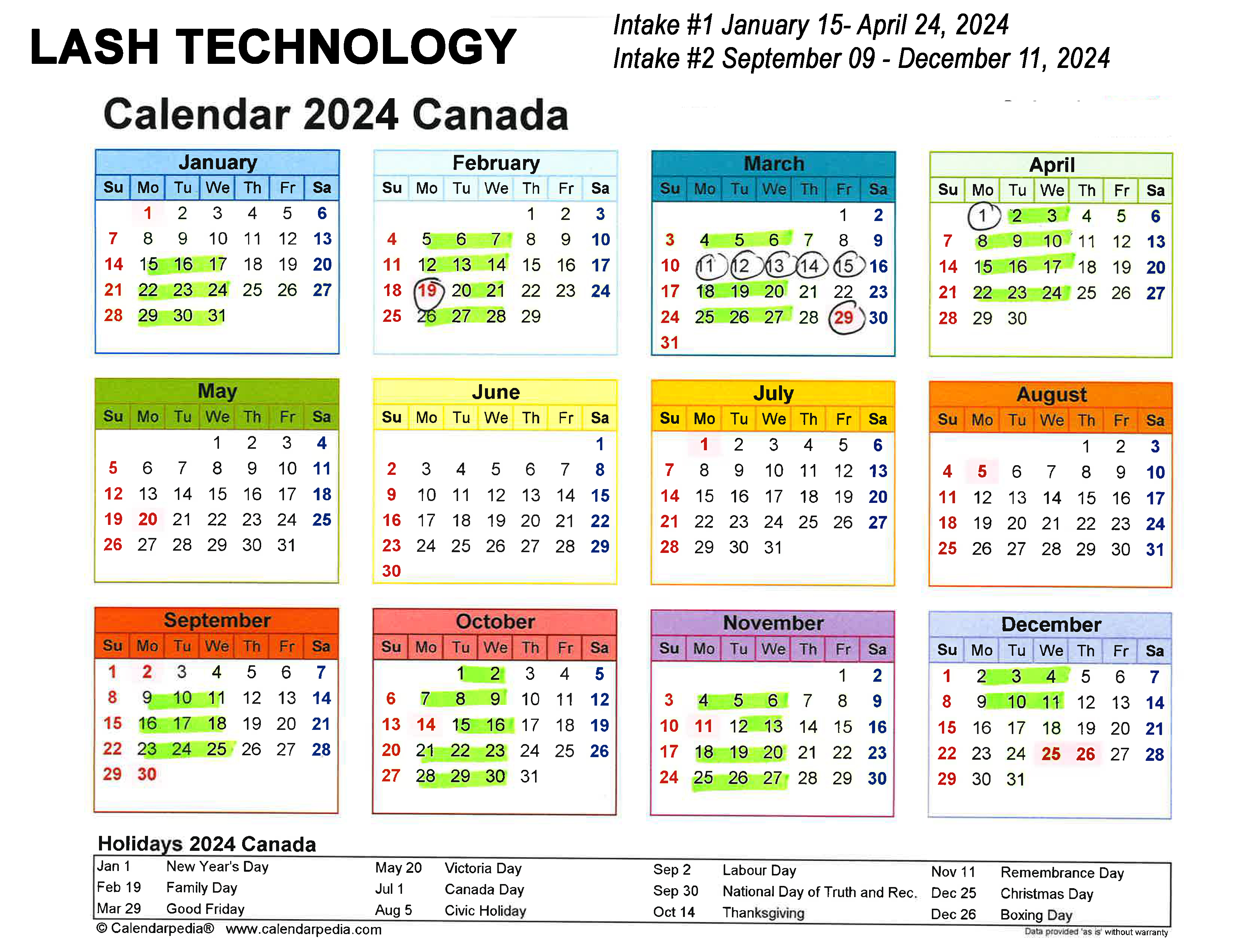 2024 Lash tech Calendar all dates
